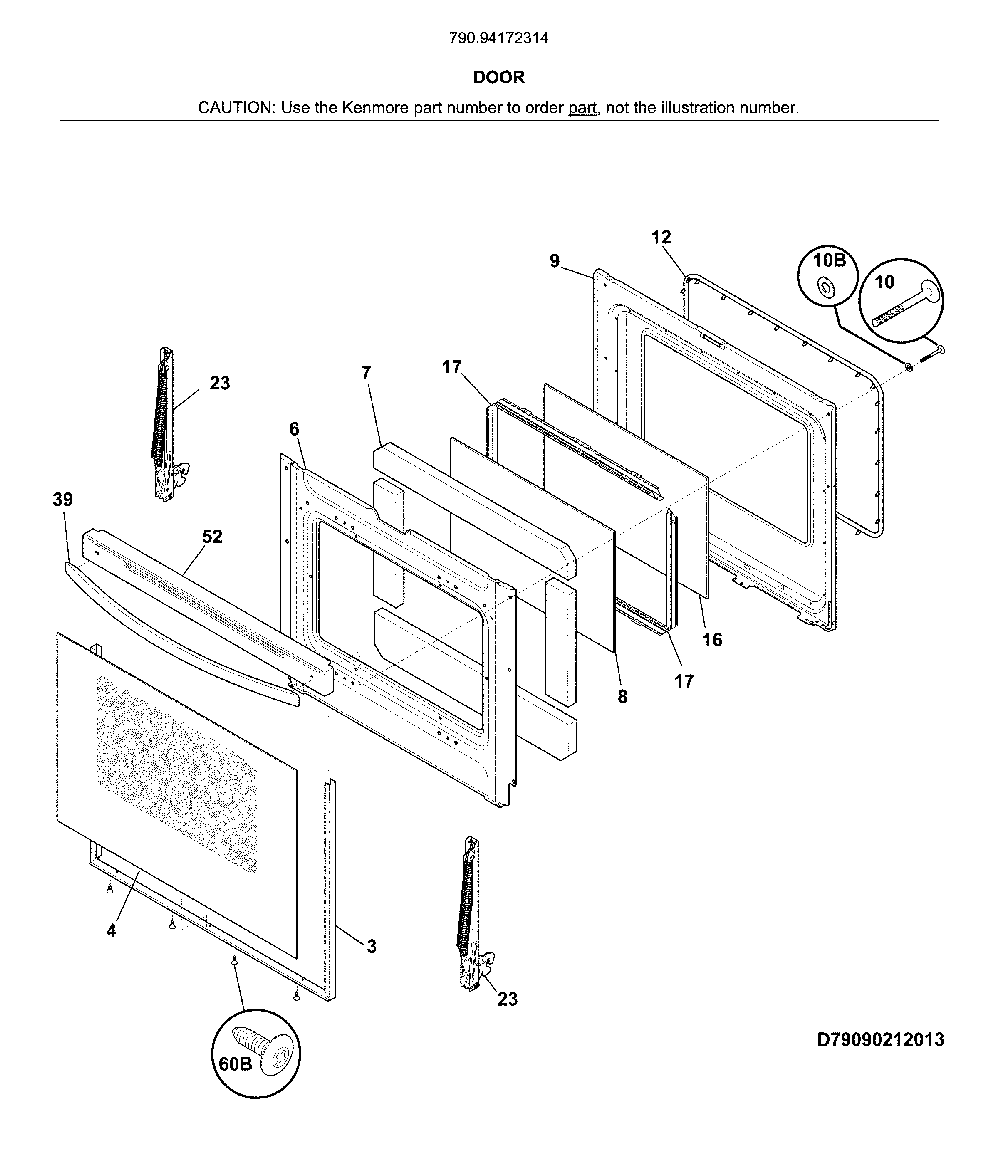 Door Diagram and Parts List for 79094172314  Kenmore Range