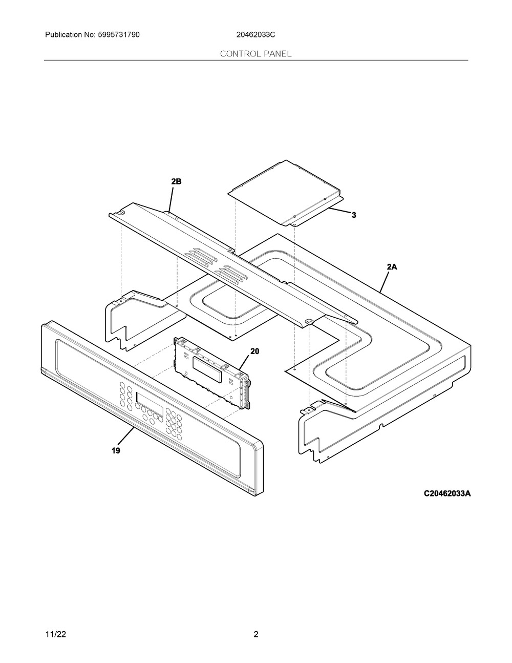 Control Panel Diagram and Parts List for 20462033C  Frigidaire Wall Oven