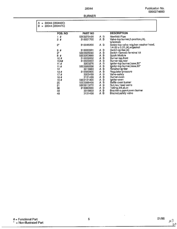 Burner Page 2 Diagram and Parts List for 280440C  Frigidaire Range