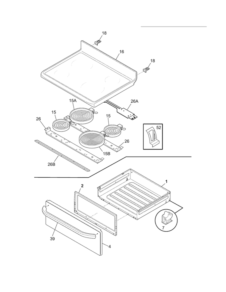 Top/drawer Diagram and Parts List for FFEF3012XSB  Frigidaire Range