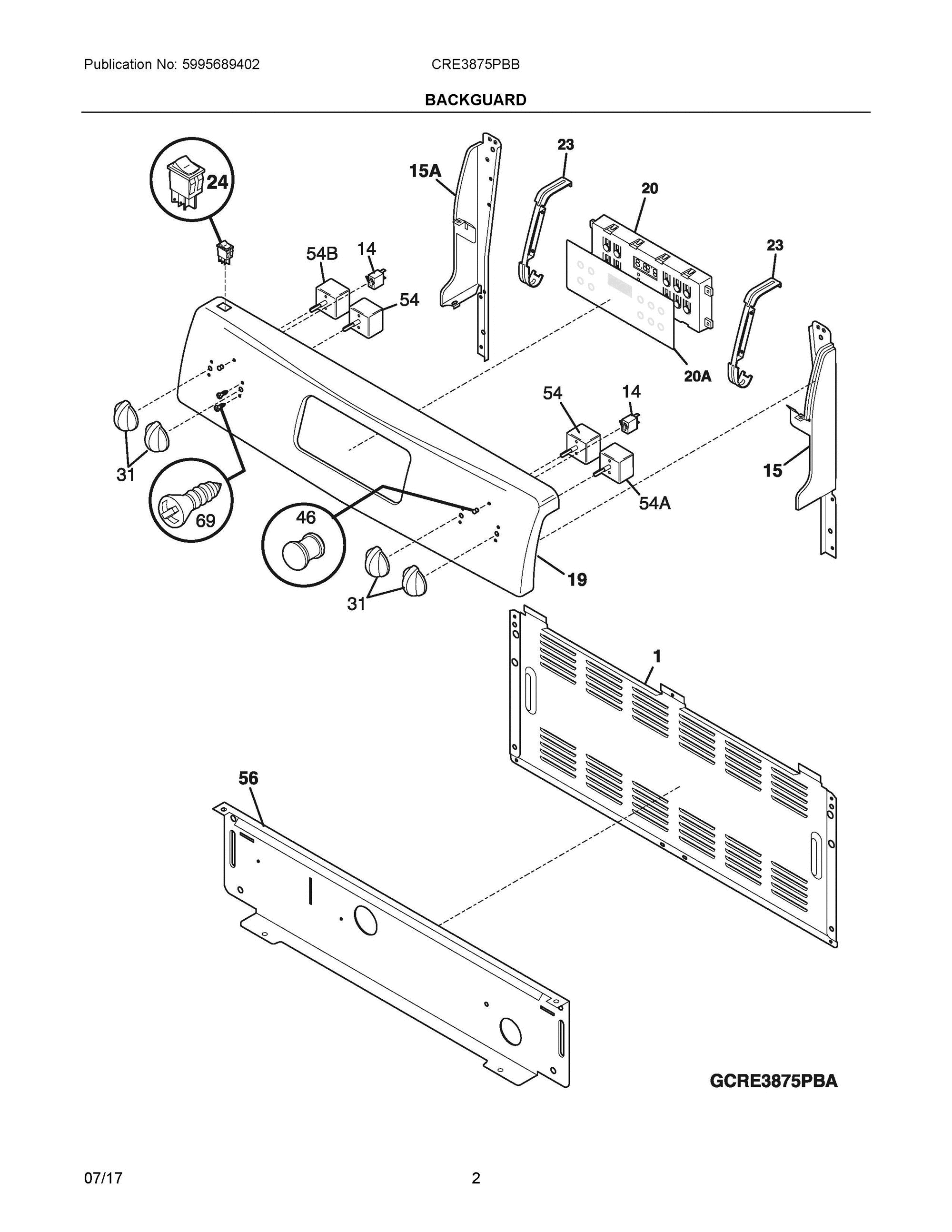02 - BACKGUARD Diagram and Parts List for CRE3875PBB  Frigidaire Range