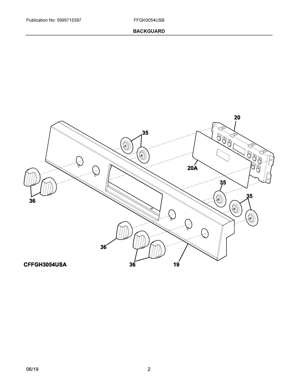 Backguard Diagram and Parts List for FFGH3054USB  Frigidaire Range