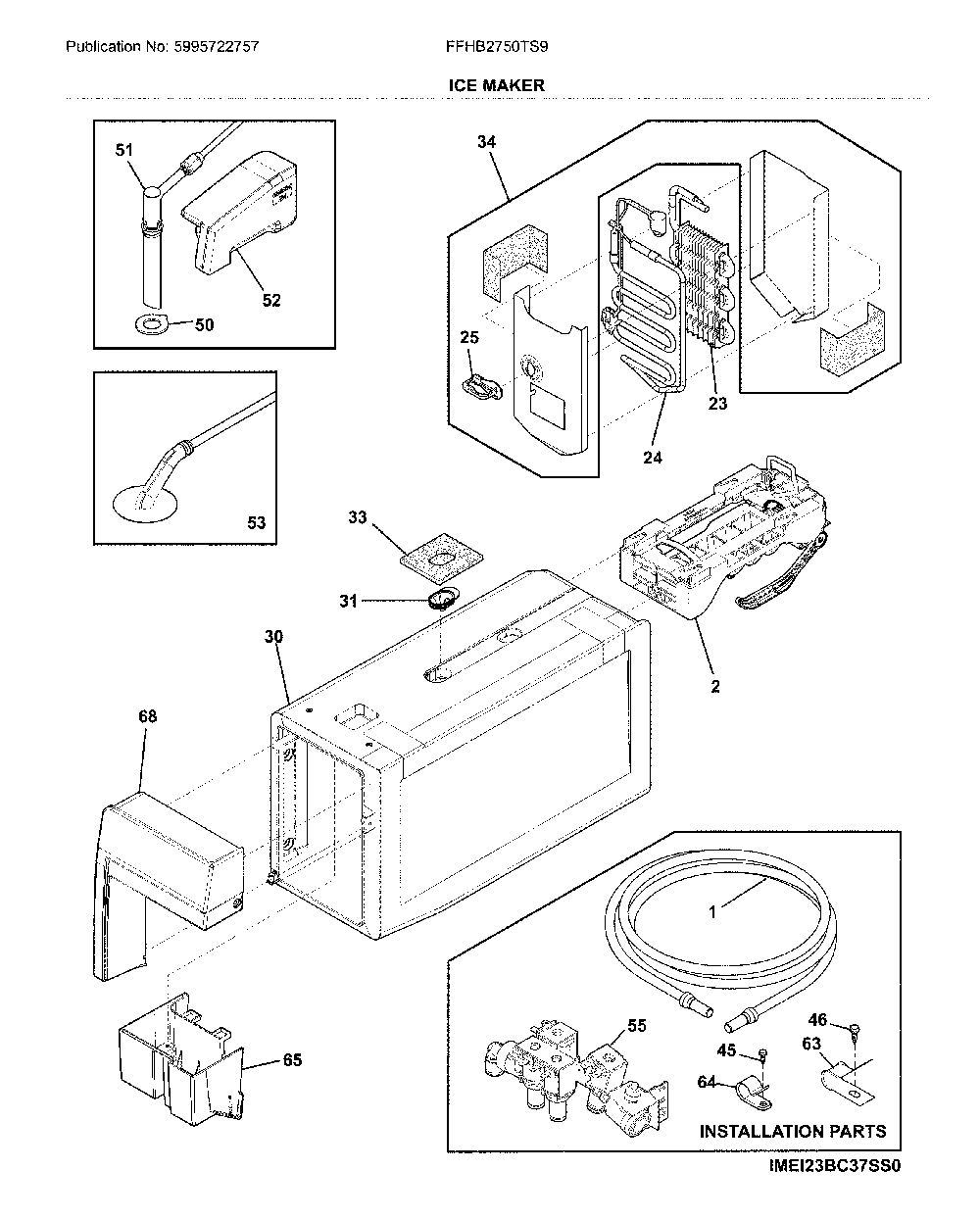 Ice maker Diagram and Parts List for FFHB2750TS9  Frigidaire Refrigerator