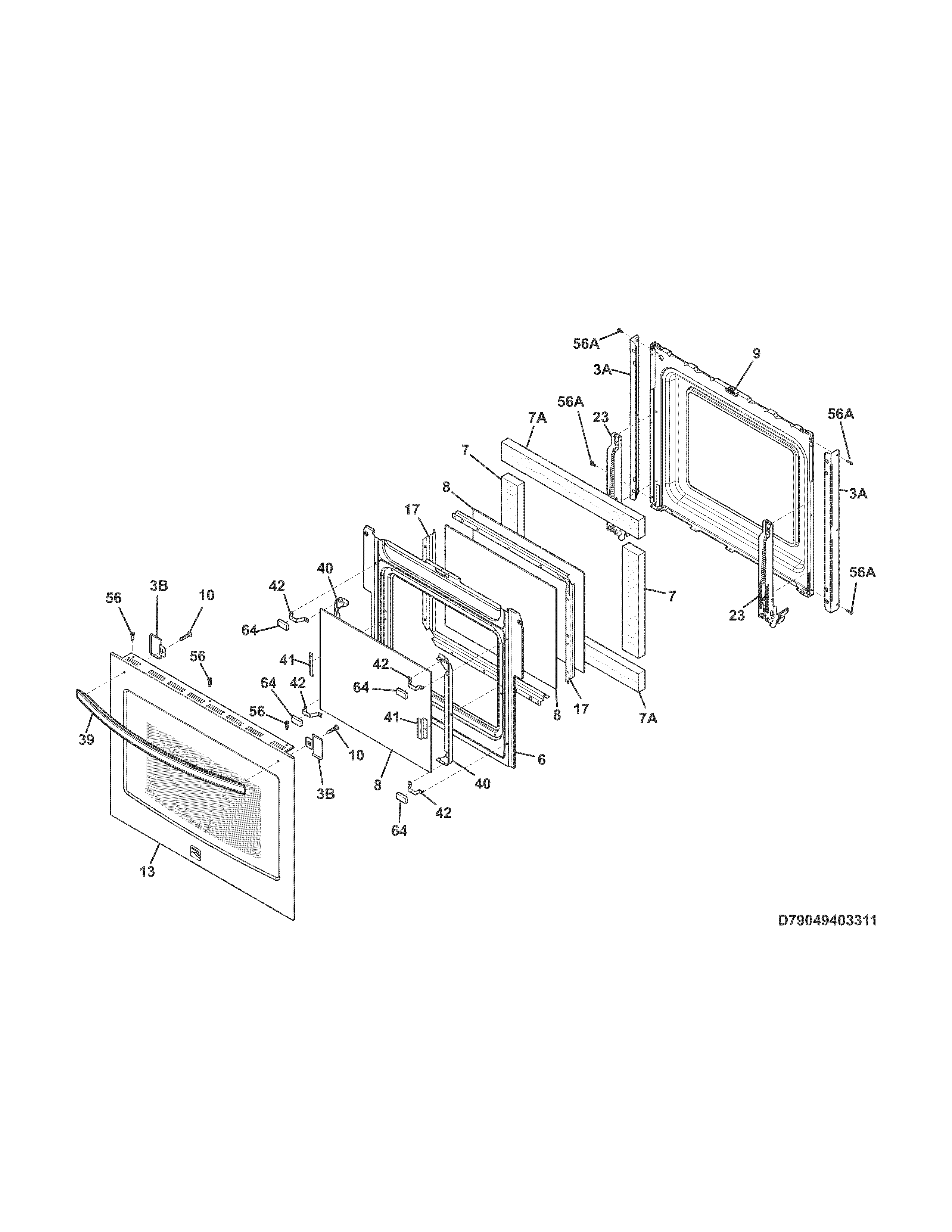 Door Diagram and Parts List for 79049403314  Kenmore Wall Oven