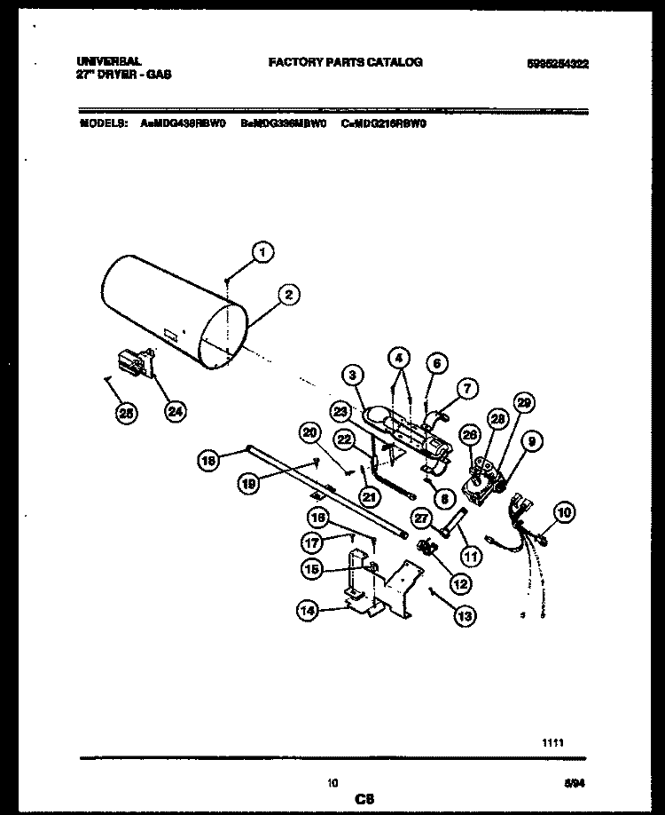 BURNER, IGNITER AND VALVE Diagram and Parts List for MDG436MBW0  Kelvinator Dryer