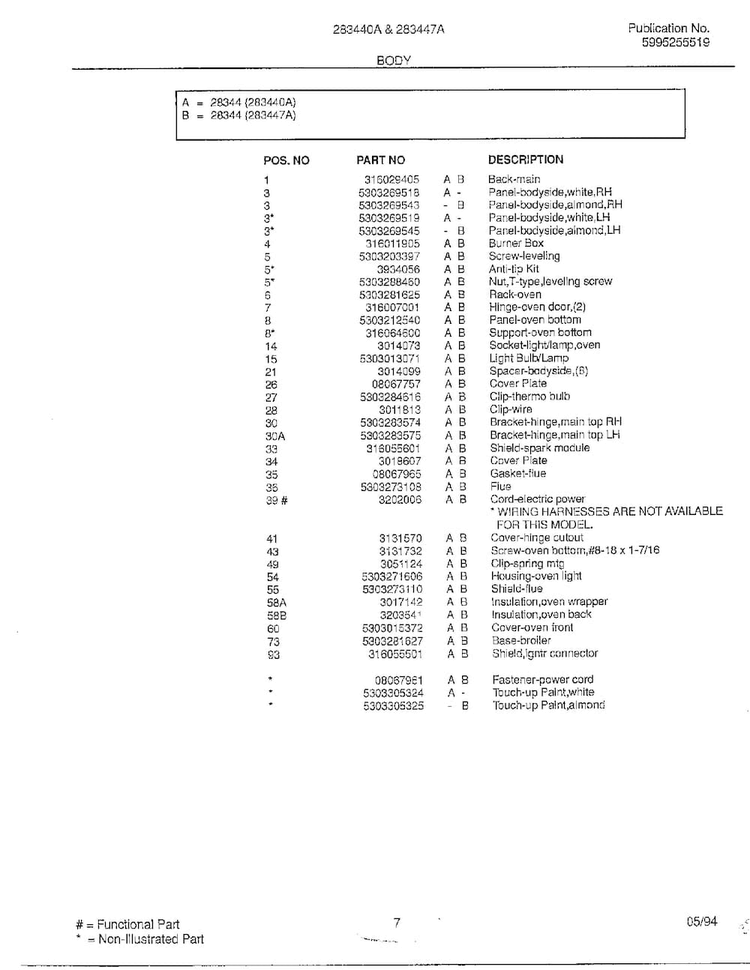 Body Page 2 Diagram and Parts List for 283440A  Frigidaire Range