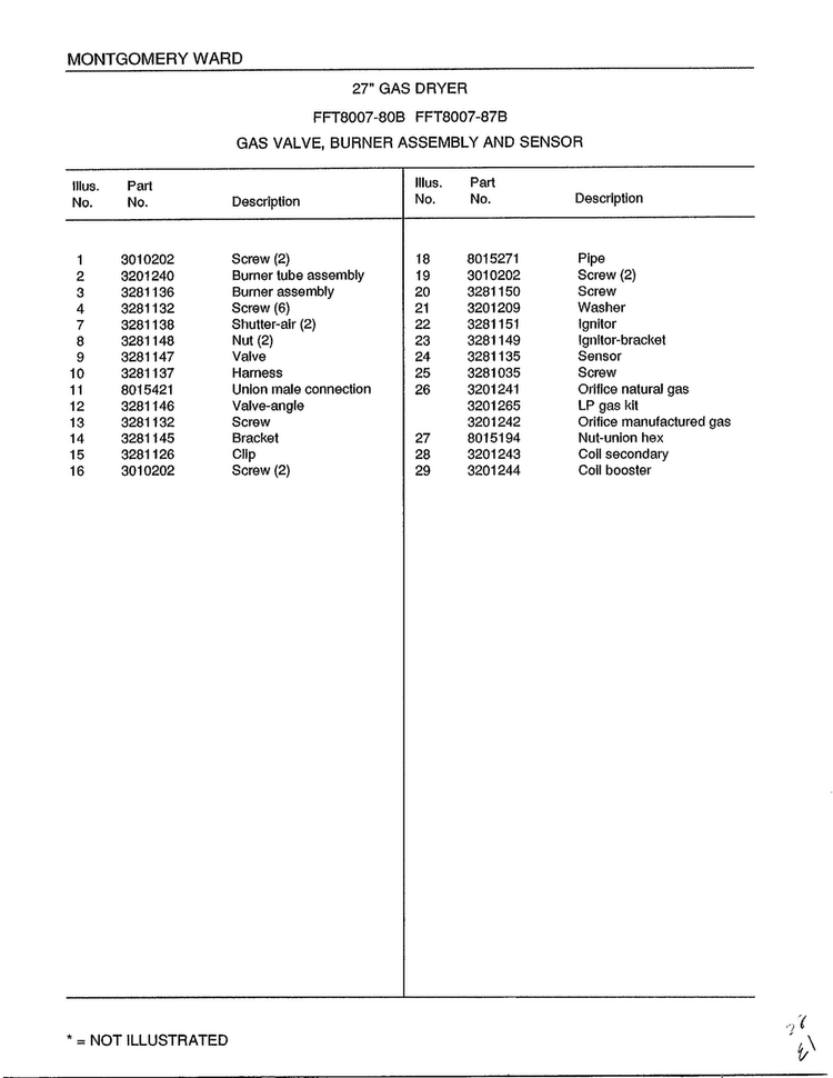 Gas Valve/burner Assembly And Sensor Page 2 Diagram and Parts List for 8007B  Frigidaire Dryer