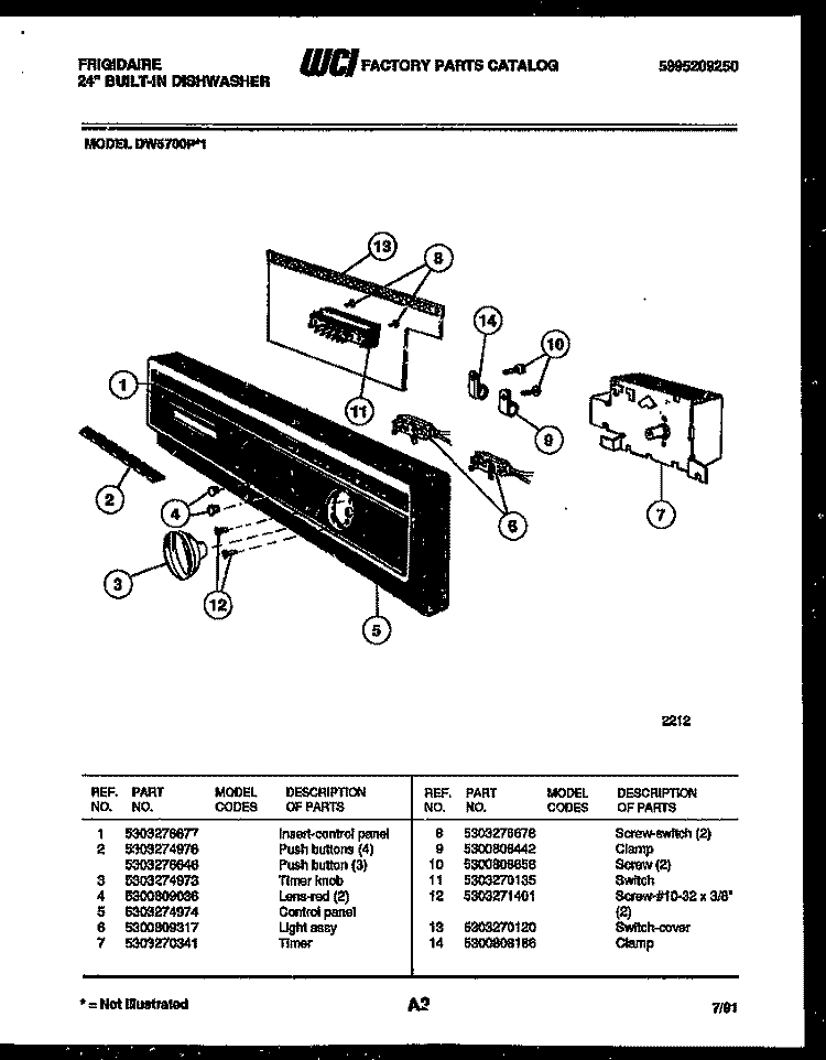 CONSOLE AND CONTROL PARTS Diagram and Parts List for DW5700PW1  Frigidaire Dishwasher