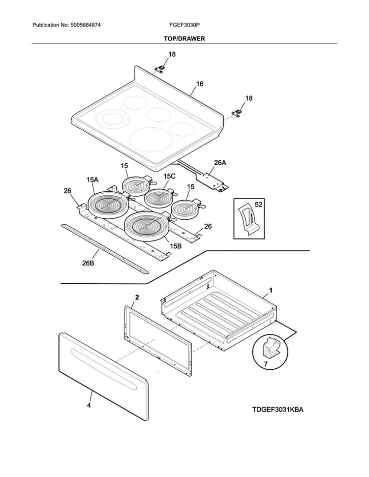 Top/drawer Diagram and Parts List for FGEF3030PWB  Frigidaire Range