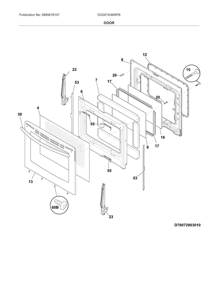 Door Diagram and Parts List for DGGF3046RFB  Frigidaire Range