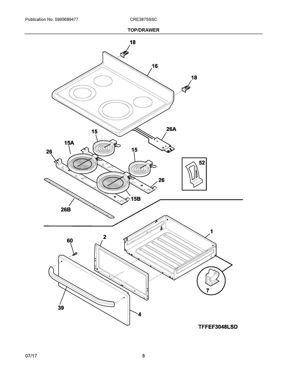 Top/drawer Diagram and Parts List for CRE3875SSC  Frigidaire Range