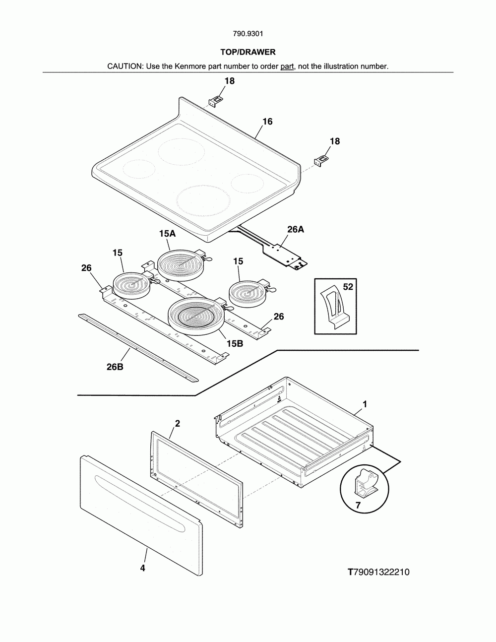 Top/drawer Diagram and Parts List for 79093012314  Kenmore Range