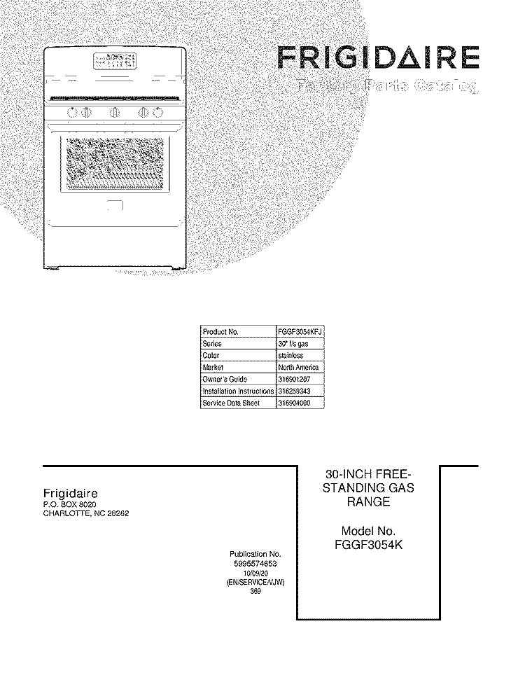 COVER Diagram and Parts List for FGGF3054KFJ  Frigidaire Range