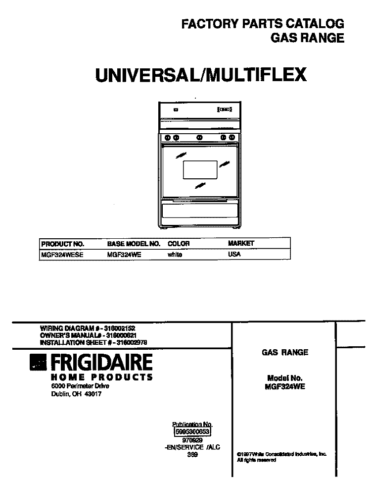 COVER Diagram and Parts List for MGF324WESE  Frigidaire Range