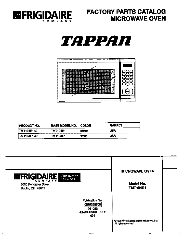 COVER Diagram and Parts List for TMT104E1W0  Tappan Microwave