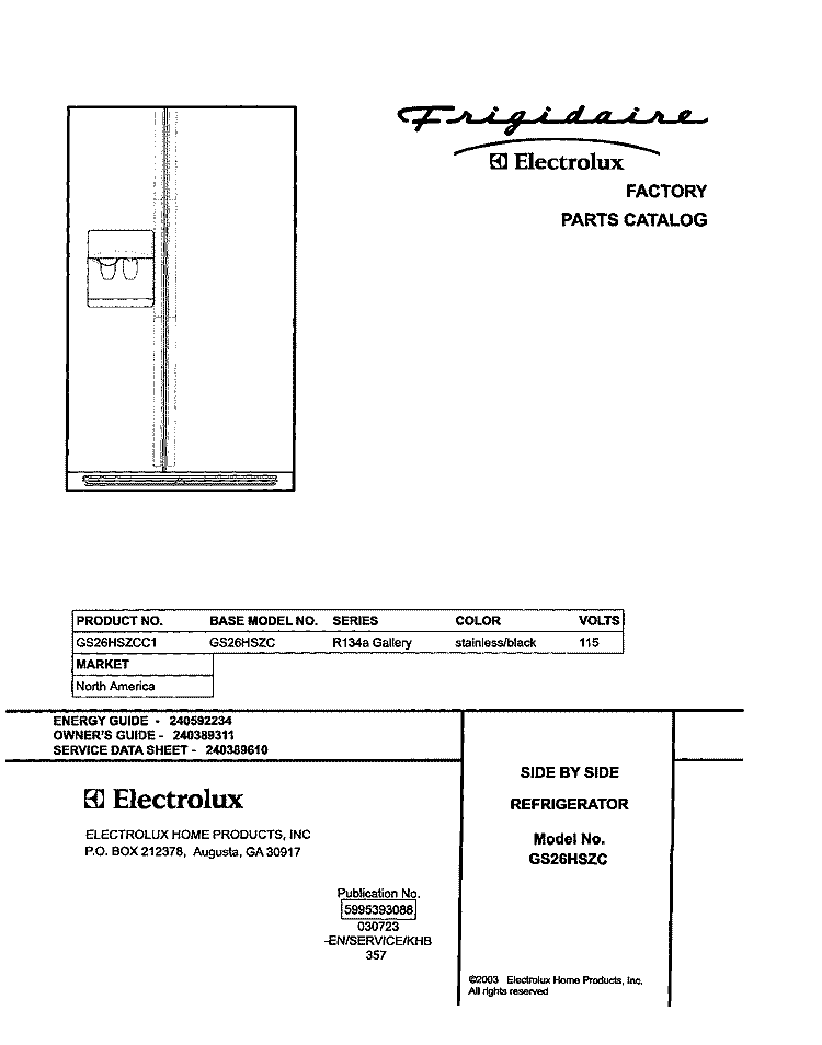 COVER Diagram and Parts List for GS26HSZCC1  Frigidaire Refrigerator