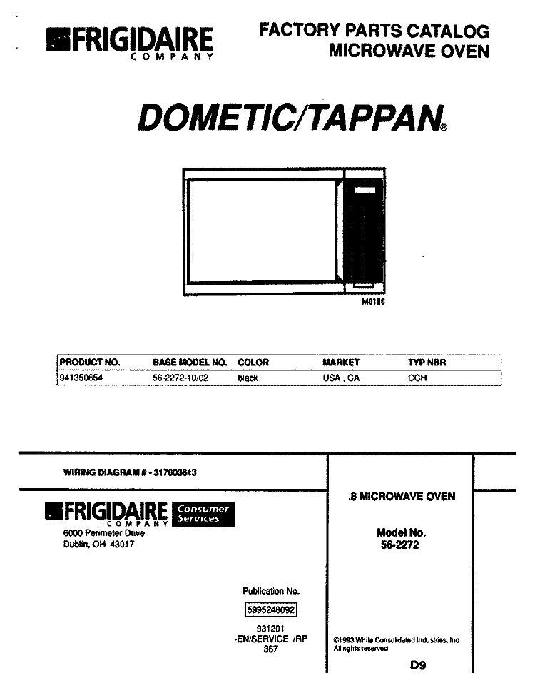 COVER Diagram and Parts List for 56-2272-10/02  Frigidaire Microwave
