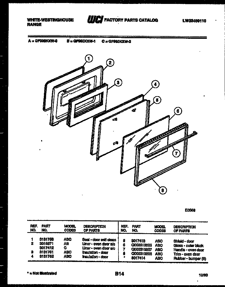 DOOR PARTS Diagram and Parts List for GF980KXW0  Frigidaire Range