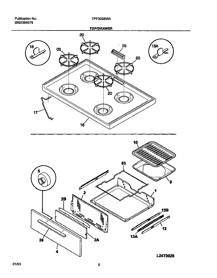 TOP / DRAWER Diagram and Parts List for TPF303BWA  Tappan Range