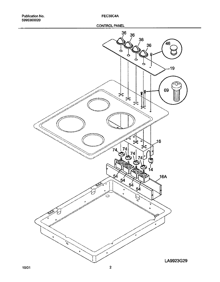 CONTROL PANEL Diagram and Parts List for FEC30C4AQA  Frigidaire Cooktop