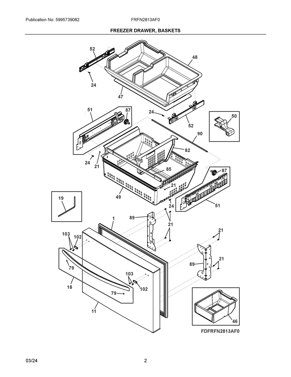 Freezer Drawer, Baskets Diagram and Parts List for FRFN2813AF0  Frigidaire Refrigerator