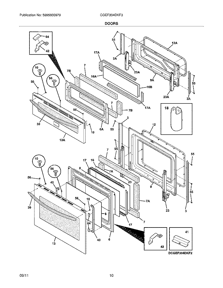 DOORS Diagram and Parts List for CGEF304DKF3  Frigidaire Range