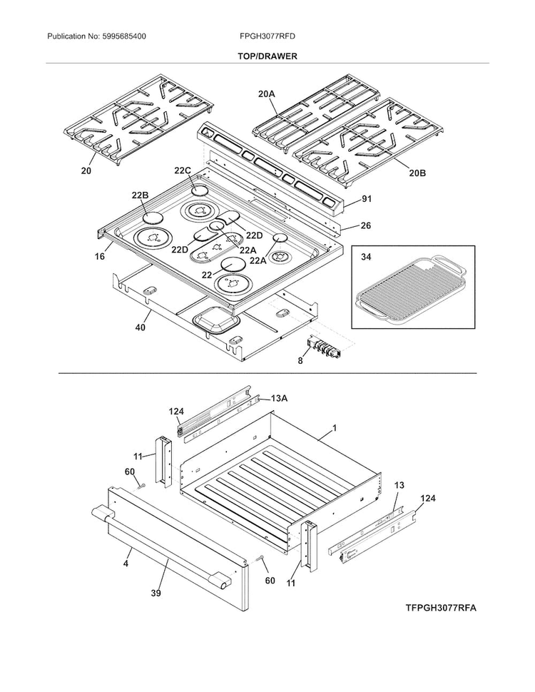 Top/drawer Diagram and Parts List for FPGH3077RFD  Frigidaire Range