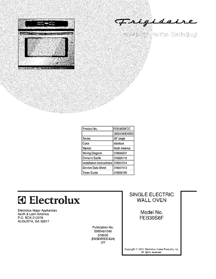 COVER Diagram and Parts List for FEB30S6FCC  Frigidaire Wall Oven