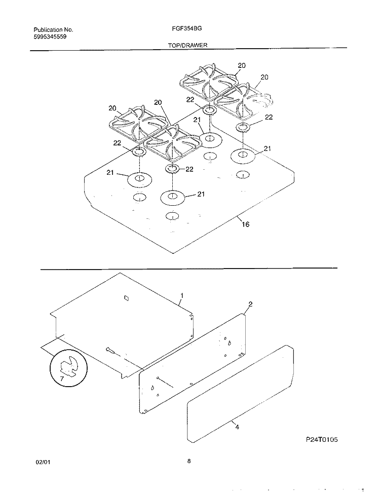 TOP / DRAWER Diagram and Parts List for FGF354BGWF  Frigidaire Range