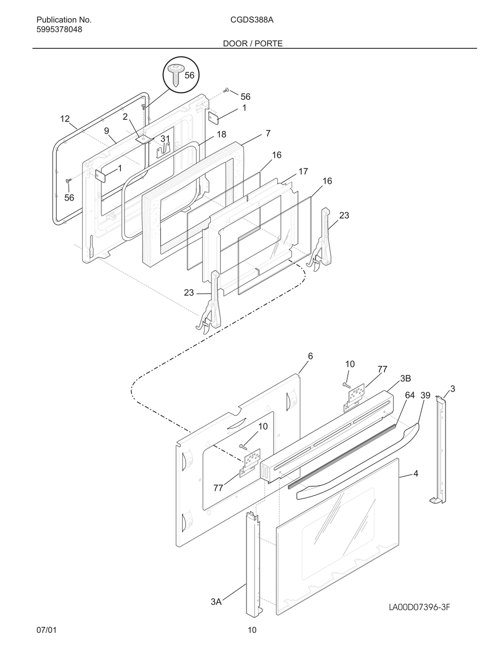 Door / Porte Diagram and Parts List for CGDS388AB4  Frigidaire Range