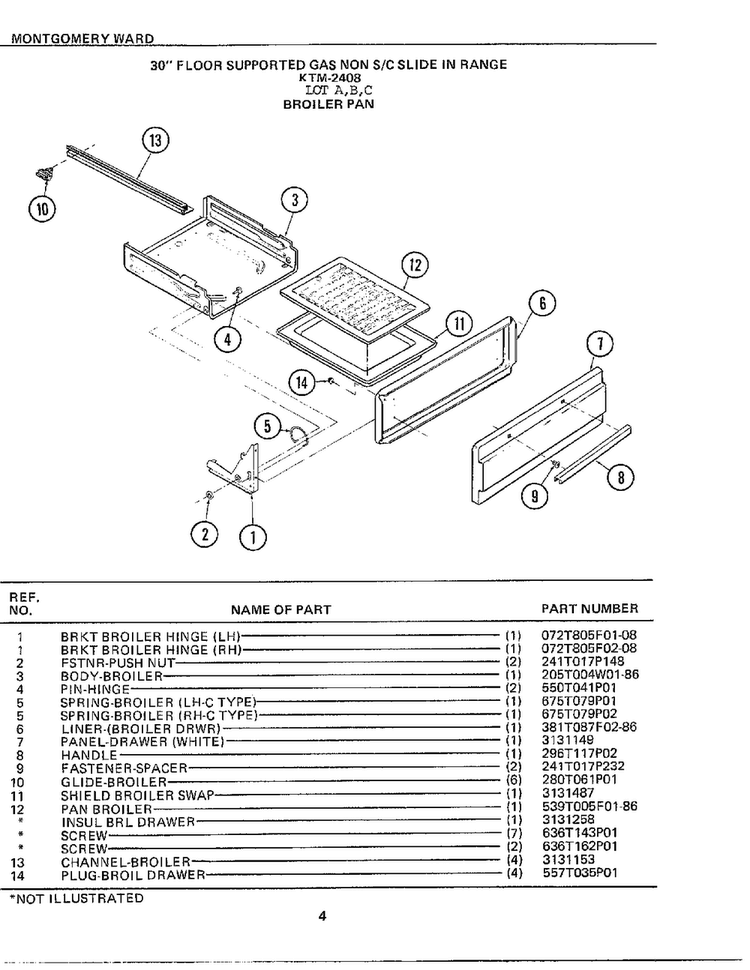 30` Floor Broiler Pan Diagram and Parts List for 2408A  Frigidaire Range