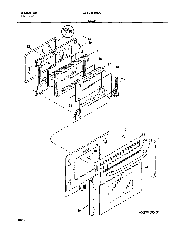 DOOR Diagram and Parts List for GLED388ASA  Frigidaire Range