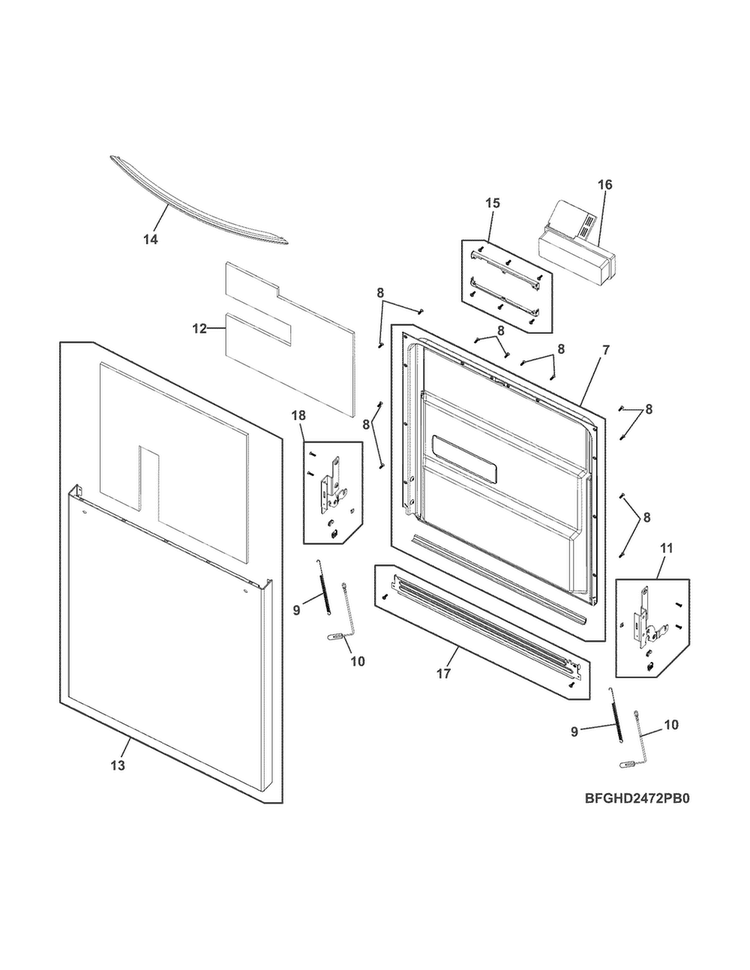 Door Diagram and Parts List for FGHD2472PF1A  Frigidaire Dishwasher