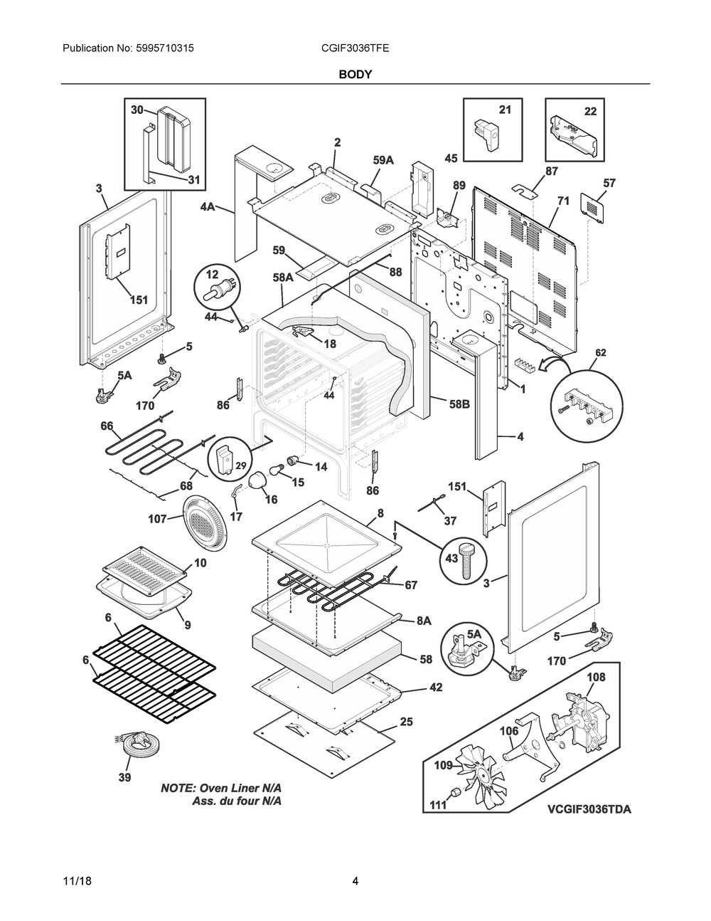 Body Diagram and Parts List for CGIF3036TFE  Frigidaire Range