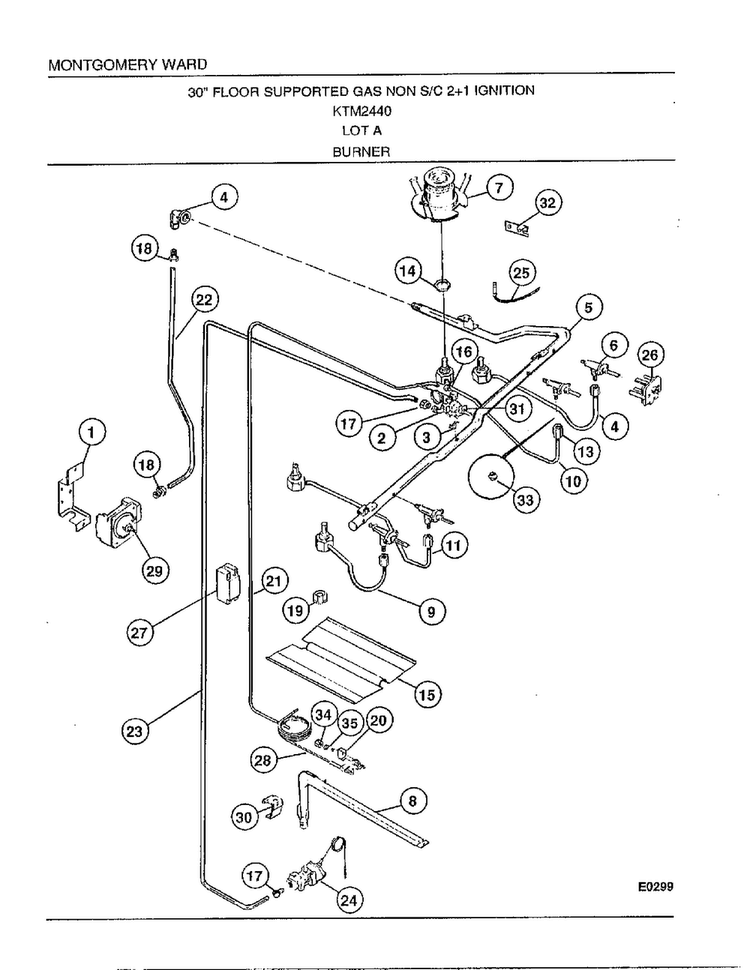 30"/burner Diagram and Parts List for 2440A  Frigidaire Range