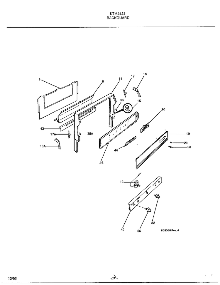 Backguard Diagram and Parts List for 2823  Frigidaire Range