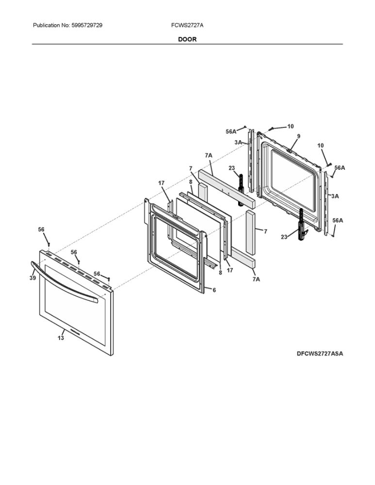 Door Diagram and Parts List for FCWS2727ABD  Frigidaire Wall Oven