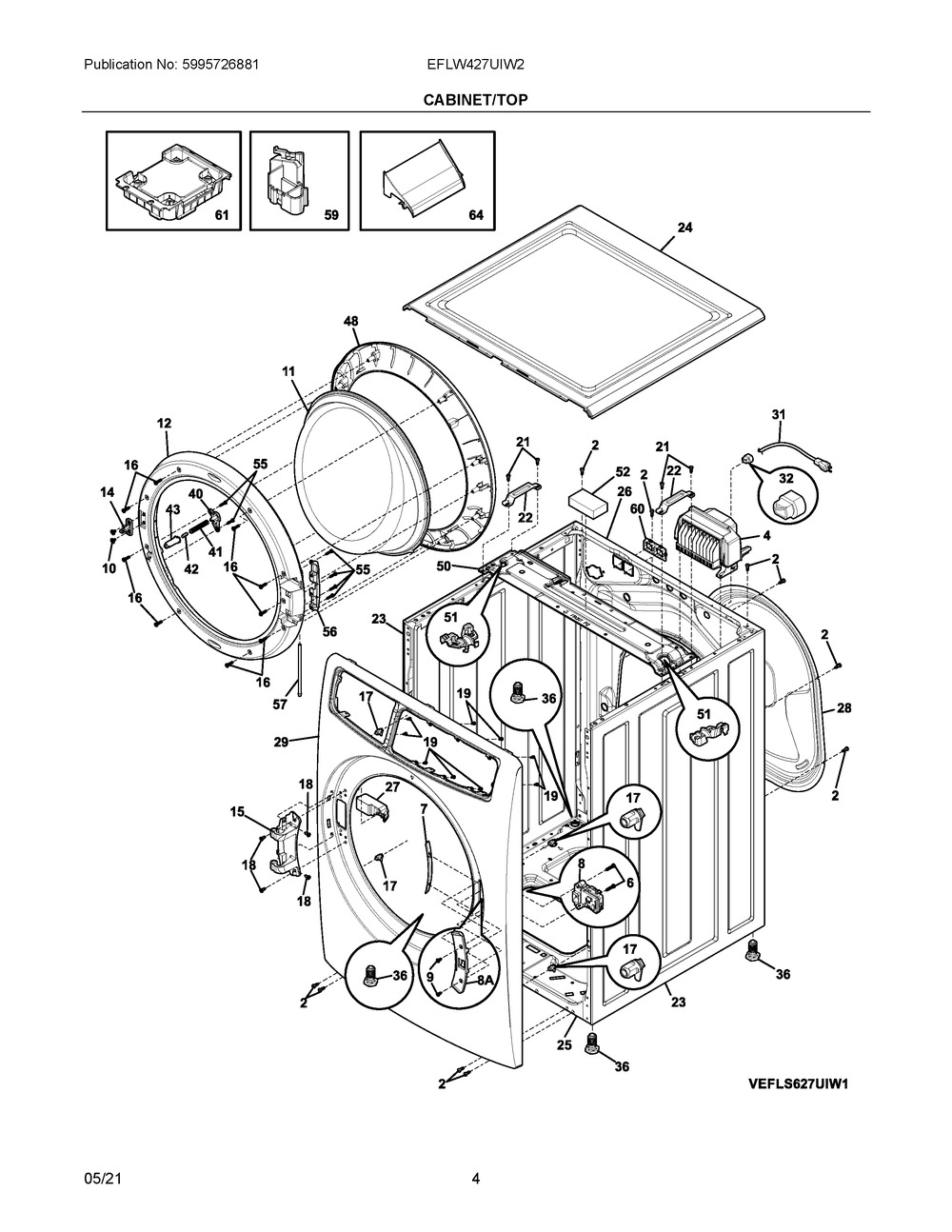 Cabinet/Top Diagram and Parts List for EFLW427UIW2  Frigidaire Washer