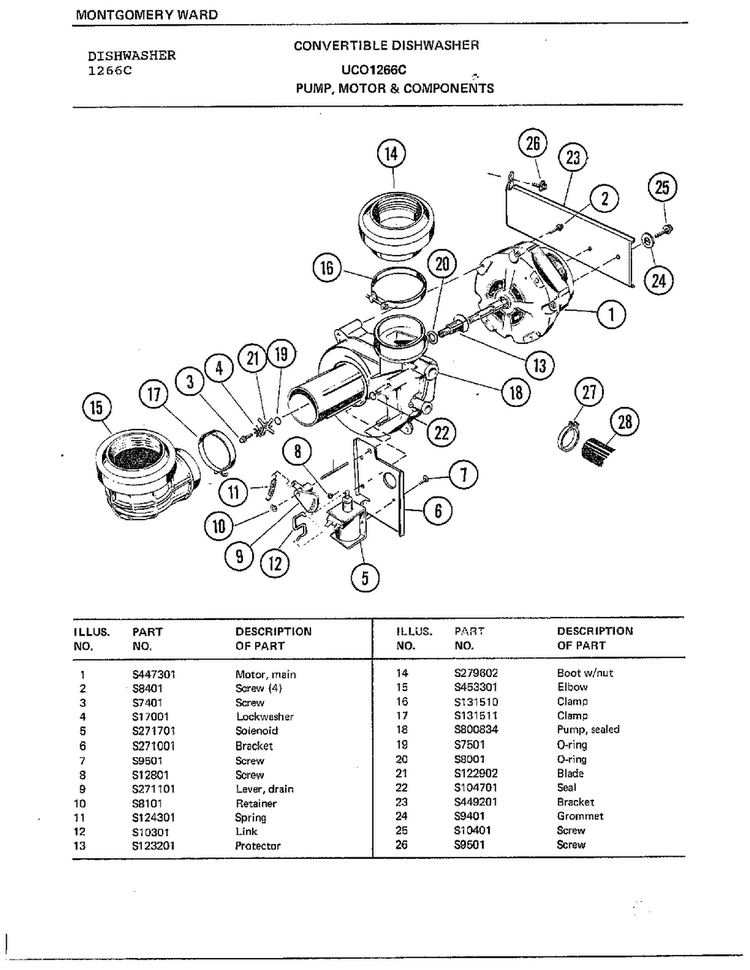 Pump, Motor & Components Diagram and Parts List for 1266C  Frigidaire Dishwasher