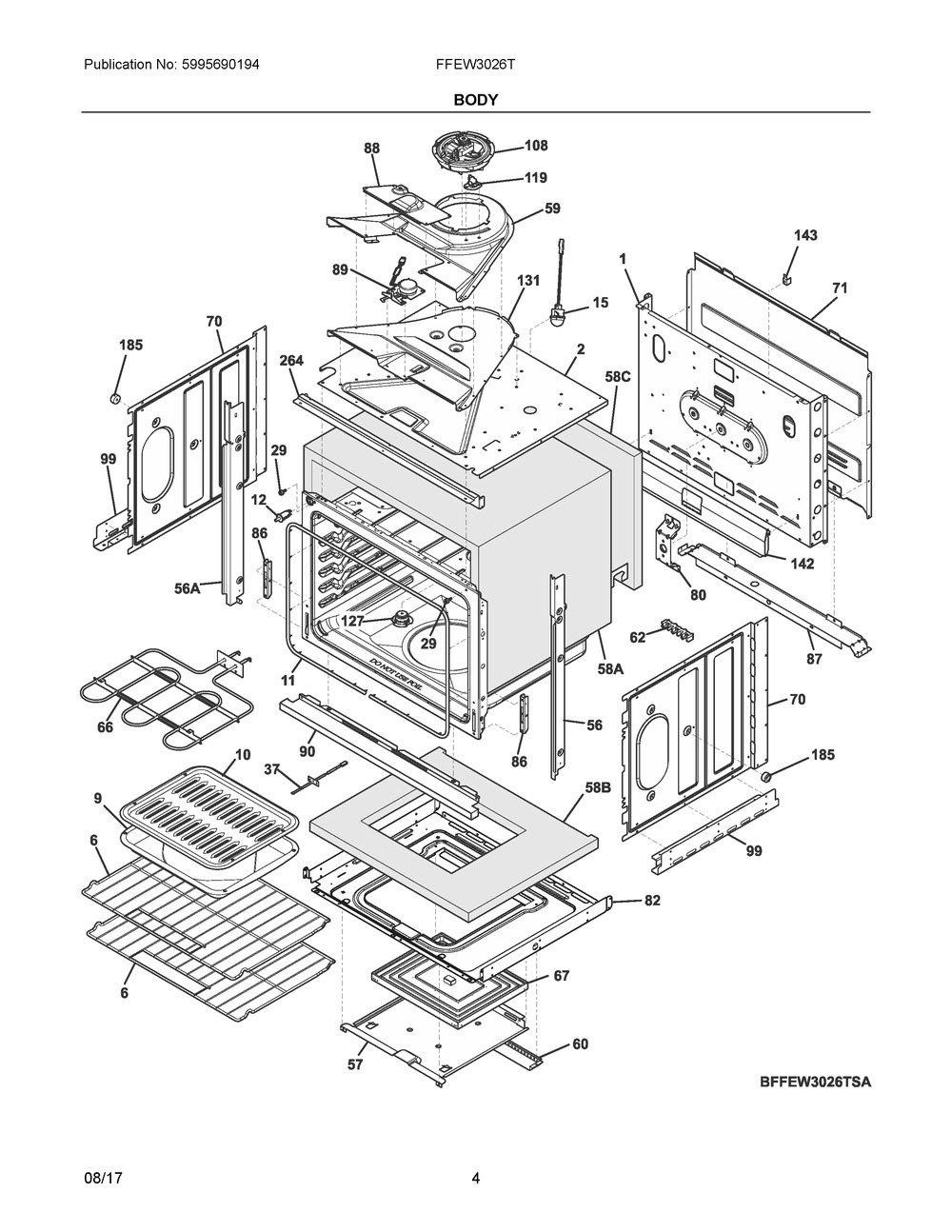 Body Diagram and Parts List for FFEW3026TWA  Frigidaire Wall Oven