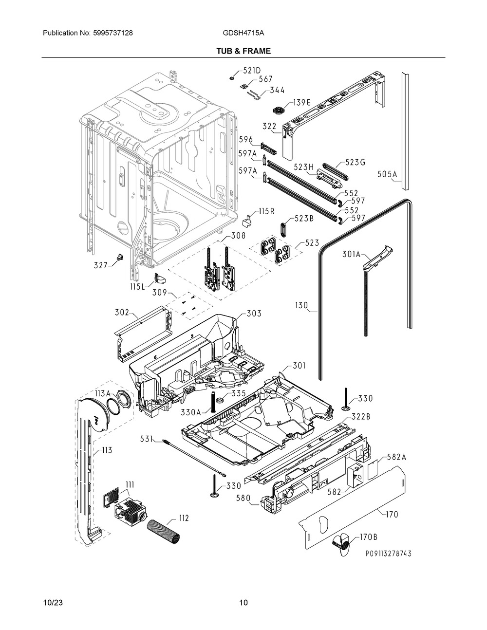 Tub And Frame Diagram and Parts List for GDSH4715AD0A  Frigidaire Dishwasher