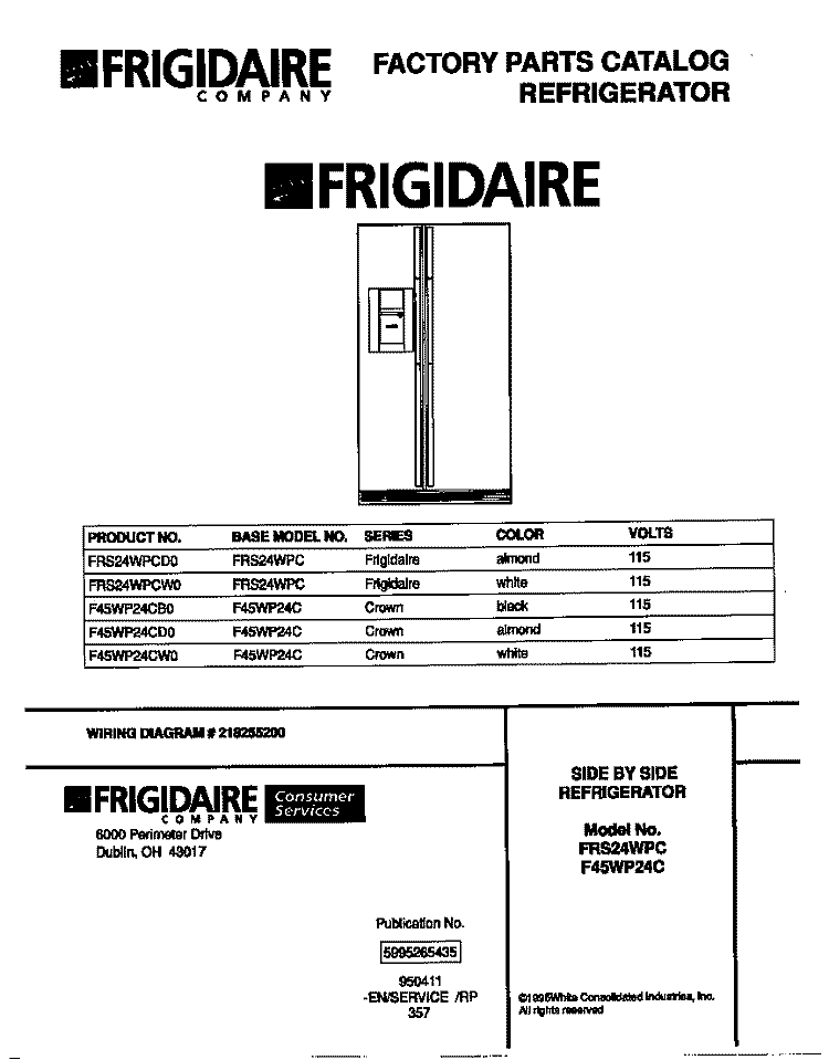COVER Diagram and Parts List for F45WP24CW0  Frigidaire Refrigerator