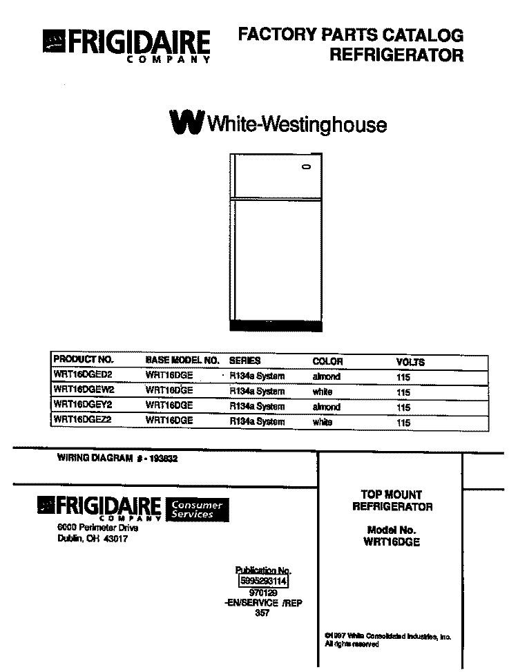 COVER Diagram and Parts List for WRT16DGEW2  Frigidaire Refrigerator