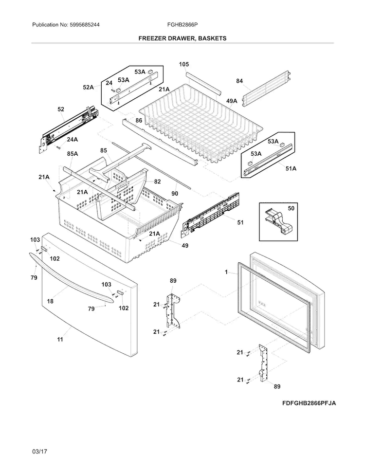 Freezer Drawer, Baskets Diagram and Parts List for FGHB2866PPFA  Frigidaire Refrigerator