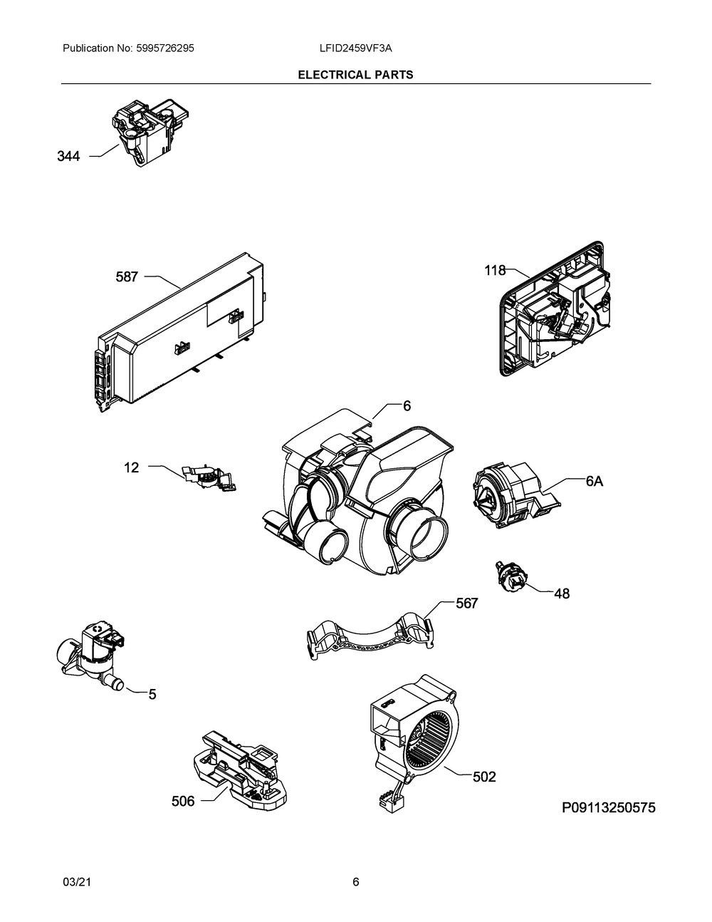 Electrical Parts Diagram and Parts List for LFID2459VF3A  Frigidaire Dishwasher