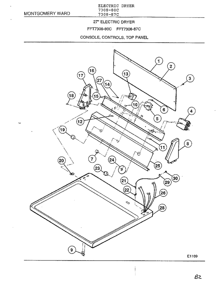 Console, Controls, Top Panel Diagram and Parts List for 7308-87C  Frigidaire Dryer