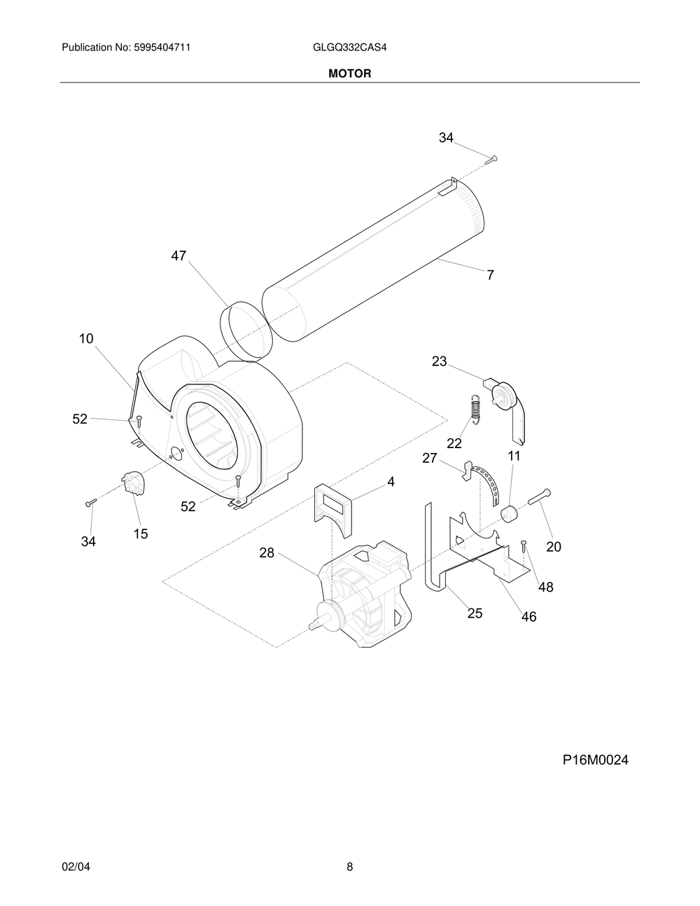 Motor Diagram and Parts List for GLGQ332CAS4  Frigidaire Dryer