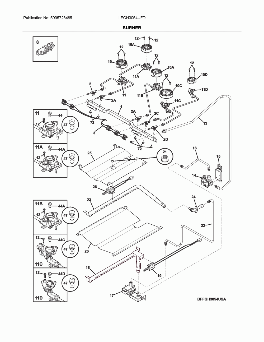 Burner Diagram and Parts List for LFGH3054UFD  Frigidaire Range