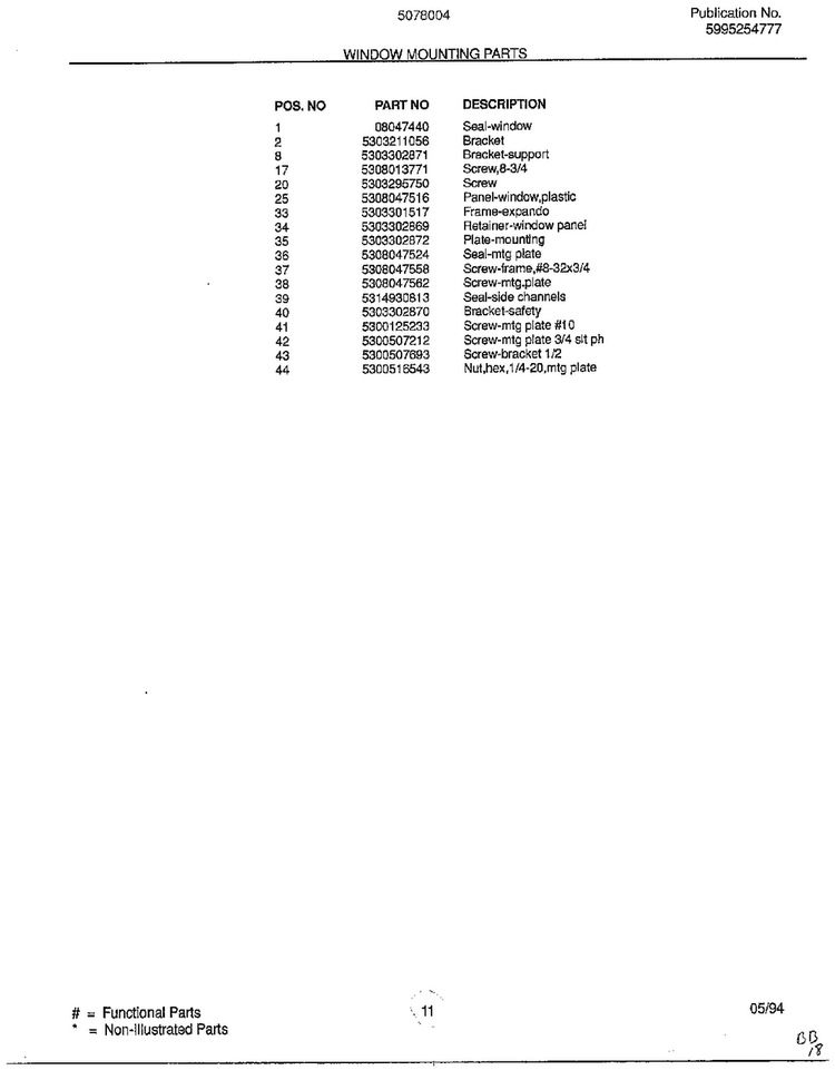Window Mounting Parts Page 2 Diagram and Parts List for 5078004B  Frigidaire Air Conditioner