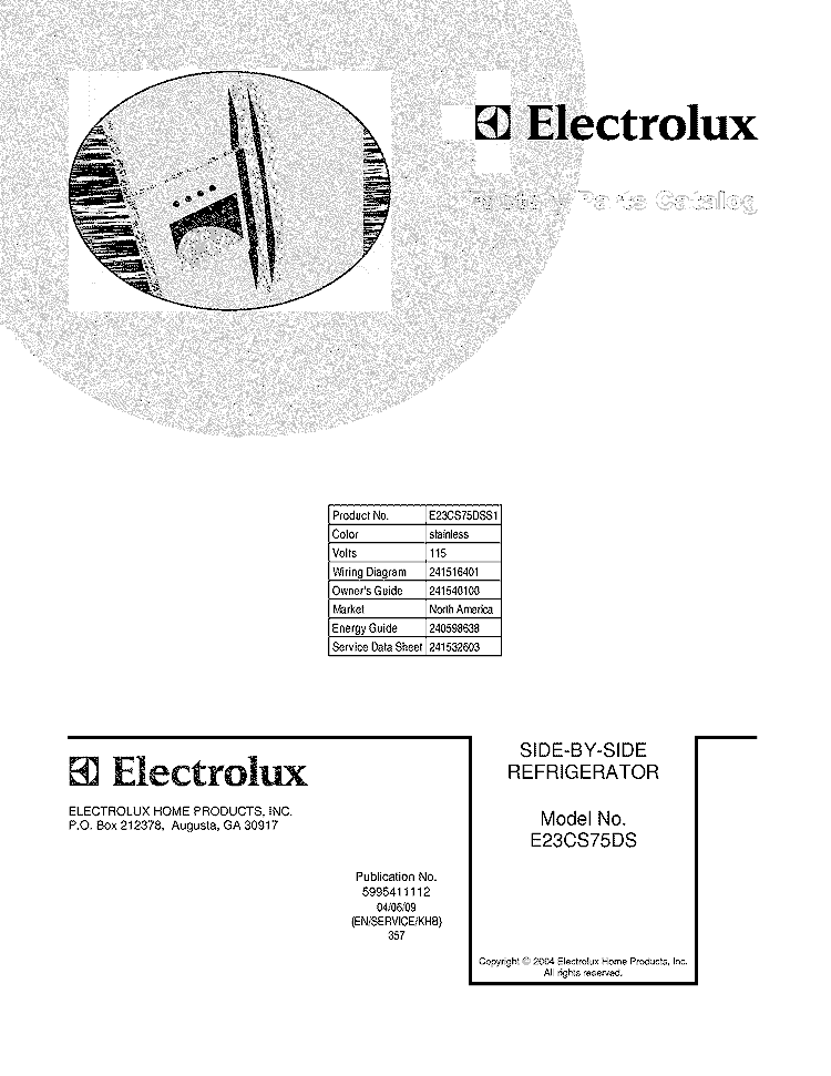COVER Diagram and Parts List for E23CS75DSS1  Electrolux Refrigerator